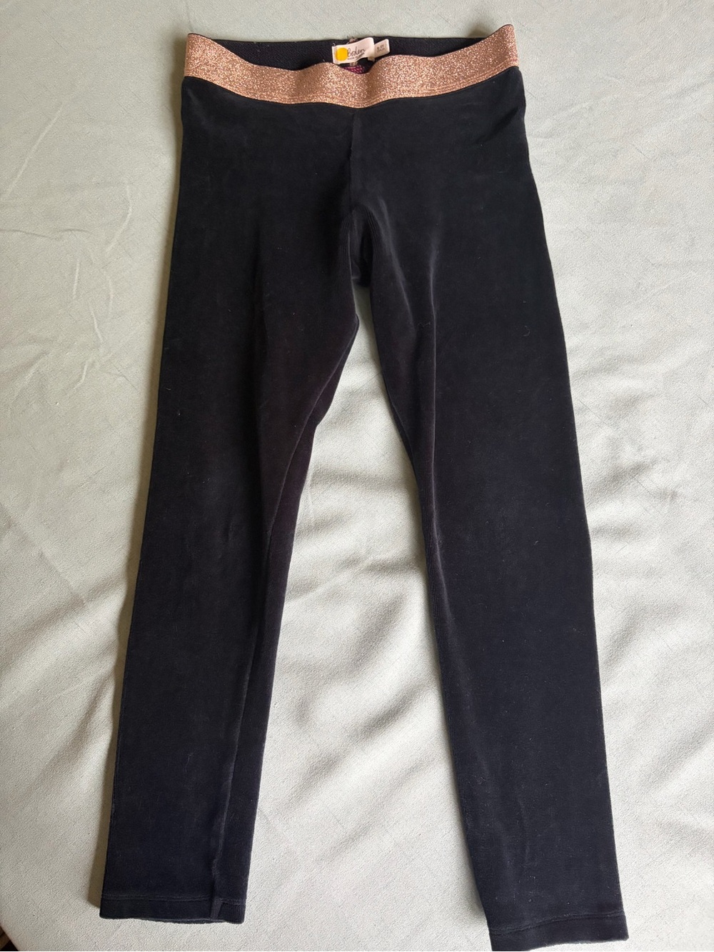 Boden Black Stretch velvet leggings with Metallic Gold Waistband